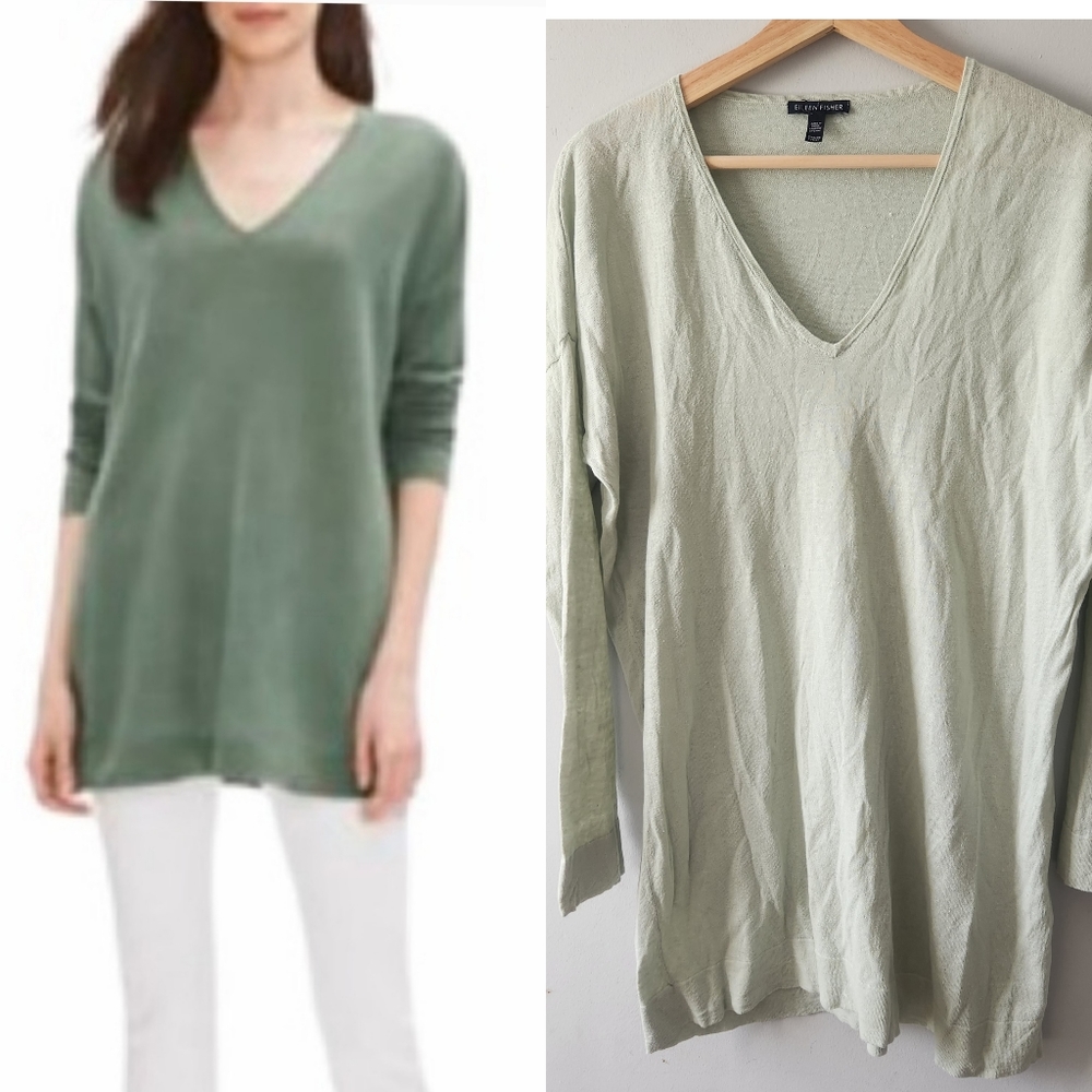 Eileen Fisher V Neck Organic Linen Cotton Tunic Sweater XS